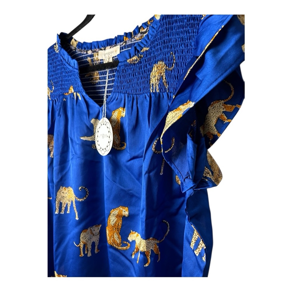 Umgee Women's Royal Blue Smocked Detail Cheetah Top with Gold Accents Size XL - Picture 6 of 9